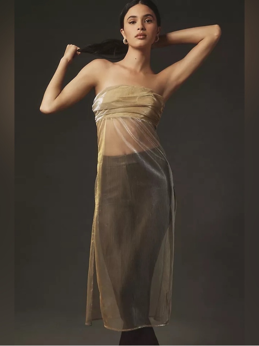By Anthropologie Strapless Sheer Metallic Gold Longline Top XL NWT